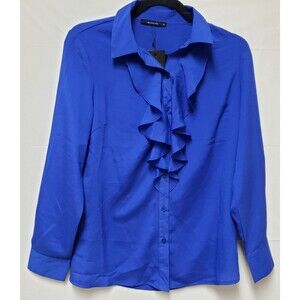 Aconiya Women’s Royal Blue Ruffle Front Button Down Career Blouse Shirt M NWT